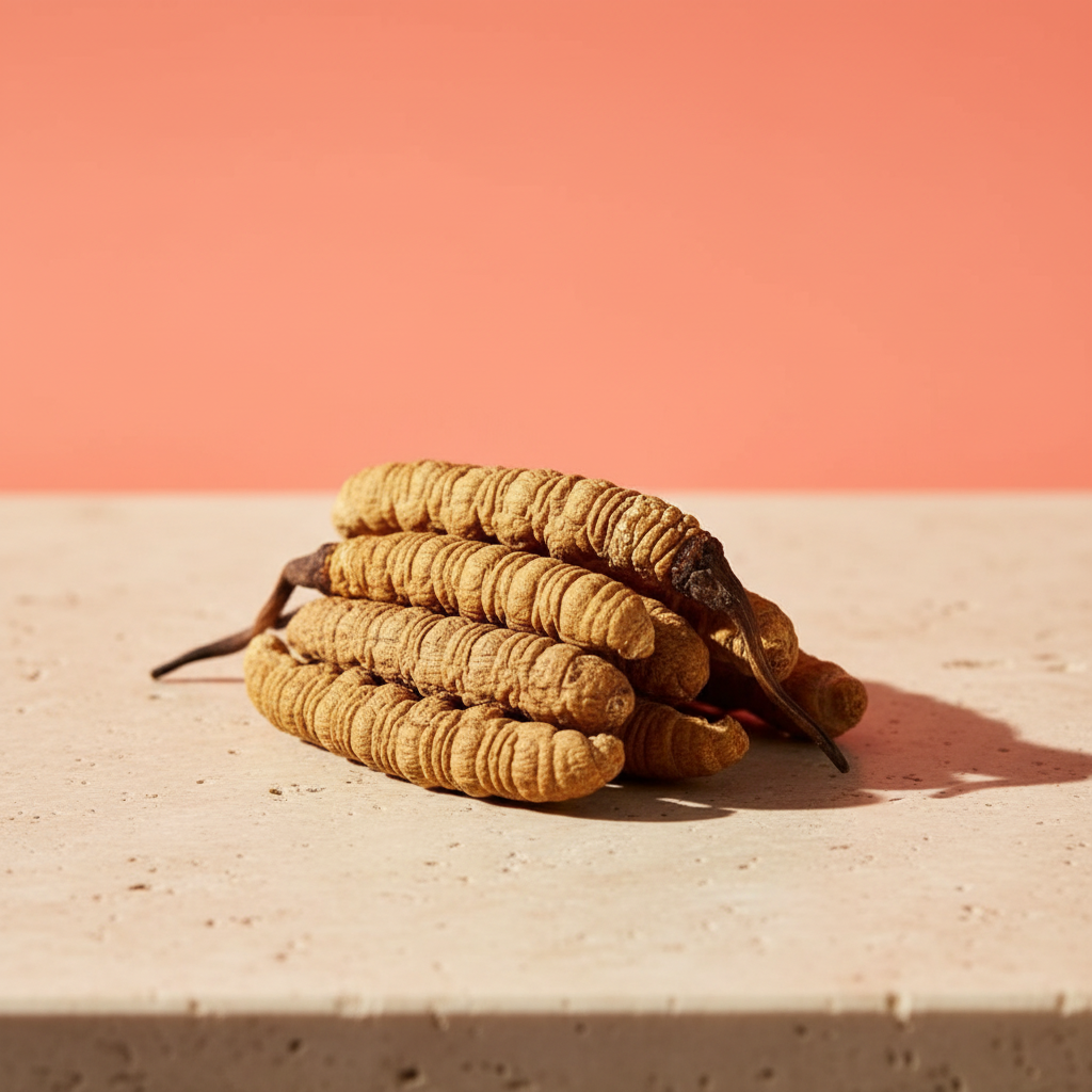 Dried cordyceps mushrooms on a warm cream surface