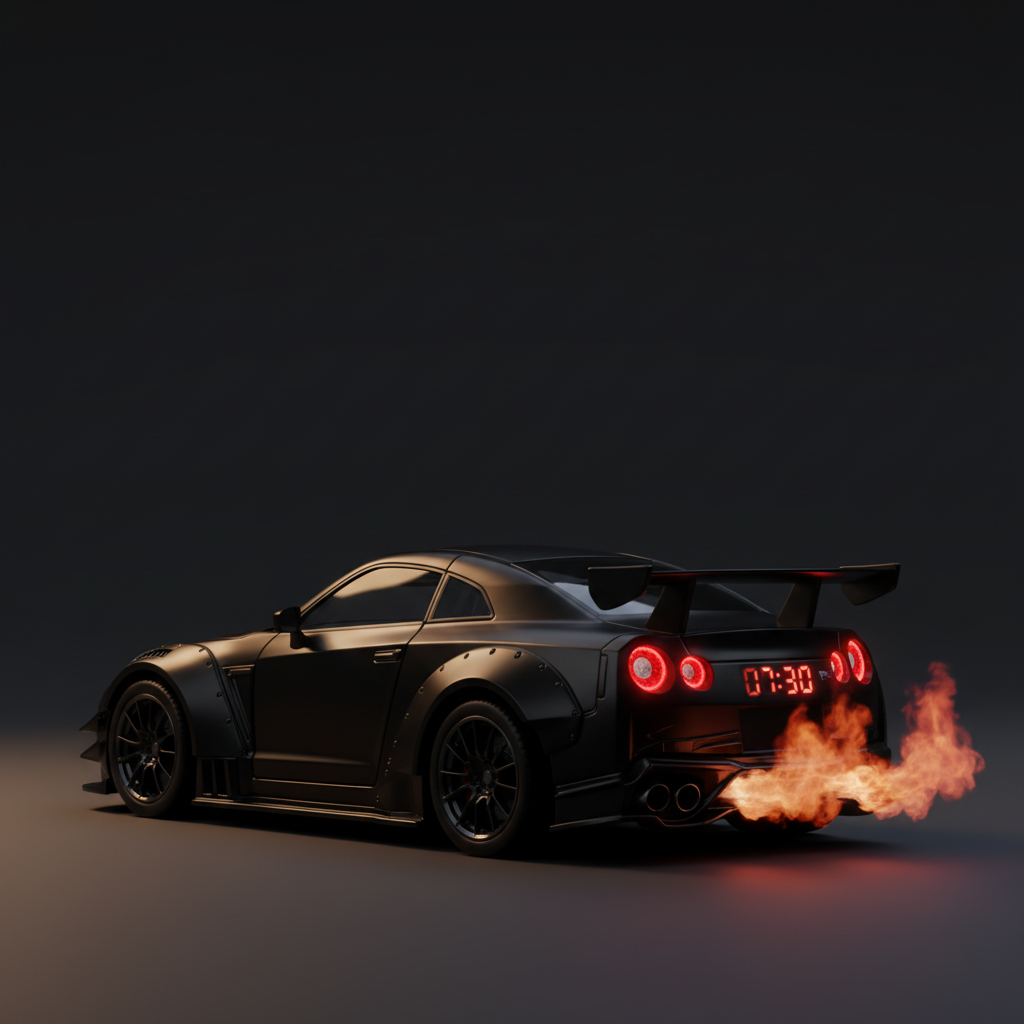 Black hypercar alarm clock rear view with exhaust flames