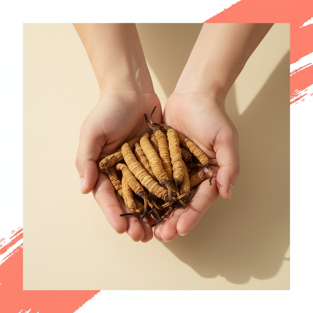 Hands presenting dried cordyceps mushrooms